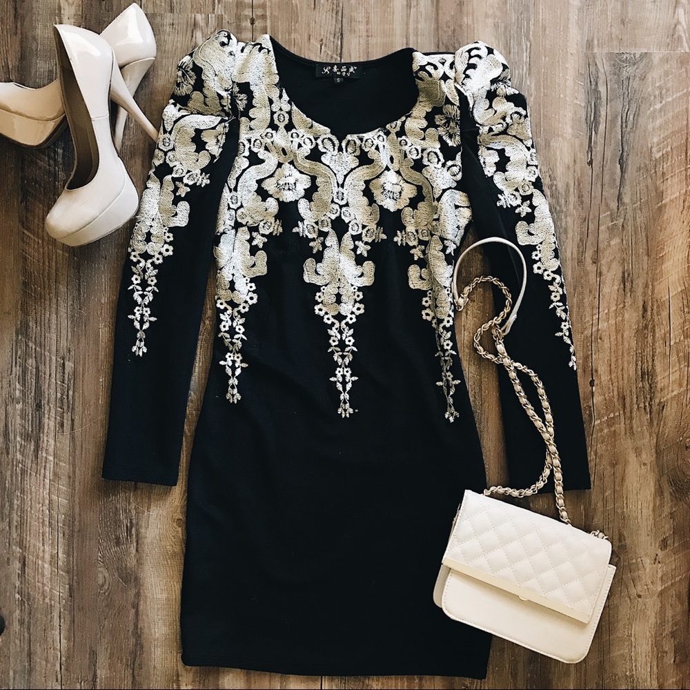 Vintage Gold Stitched Bodycon Mini-dress